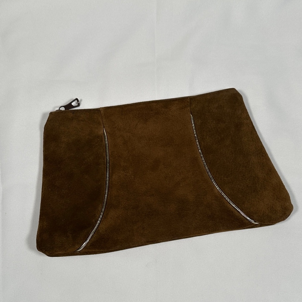Brown Suede & Leather Zippered Clutch Bag with Gold Front Line Italy Vintage